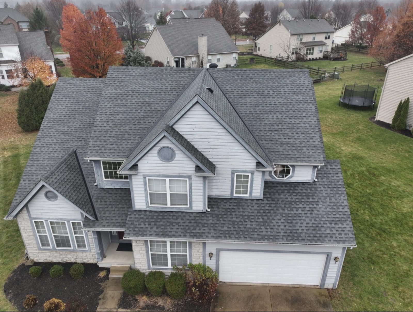 Completed architectural shingle roof on a two-story Ohio home